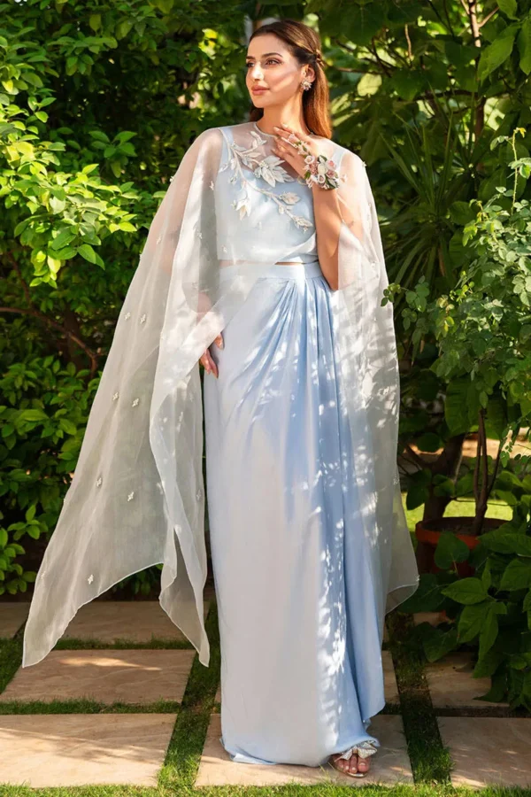 Luxury Pret Ice Blue Cape By Zainab Salman