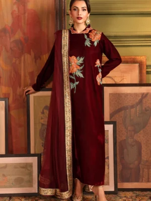 Embroidered Velvet Shirt Chiffon Dupatta Trouser VVT4-03