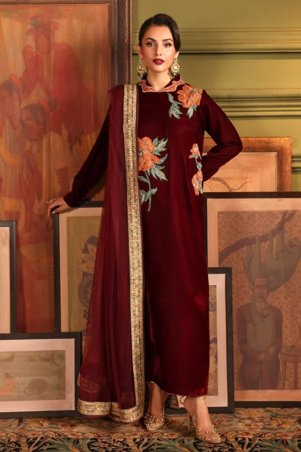 Embroidered Velvet Shirt Chiffon Dupatta Trouser VVT4-03