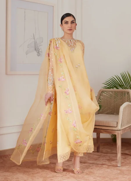 Cyrilla Pale Yellow Embroidered Raw Silk Shirt Farah Talib Aziz