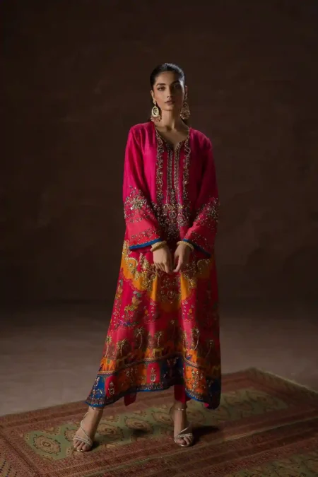 Hot Pink Party Kaftan Set (D-02) By Kaftan Ammara Khan